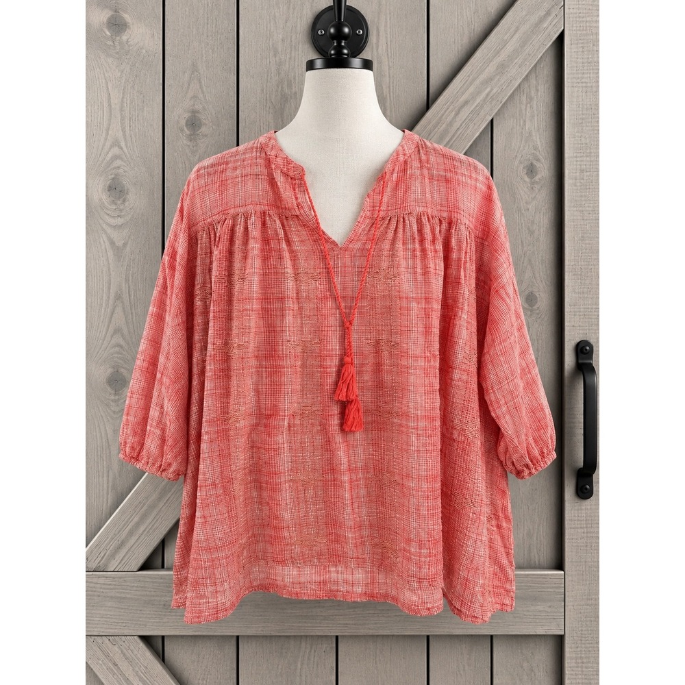 Roller Rabbit Boho Oversized Top Red Orange Plaid Tassel Gauze Peasant Size S